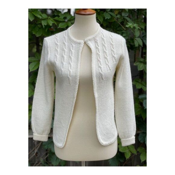 Vintage Cream Knit Cardigan Sweater Pearl Beads Sz S - Picture 1 of 11